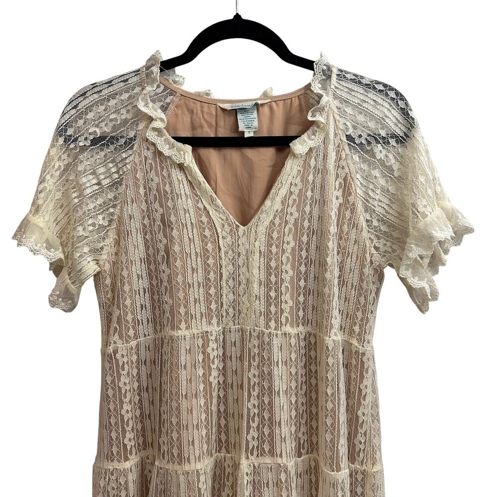 Sundance Lady Annie Embroidered Mesh Dress Lace Tiered V Neck Small Country Chic - Picture 2 of 12